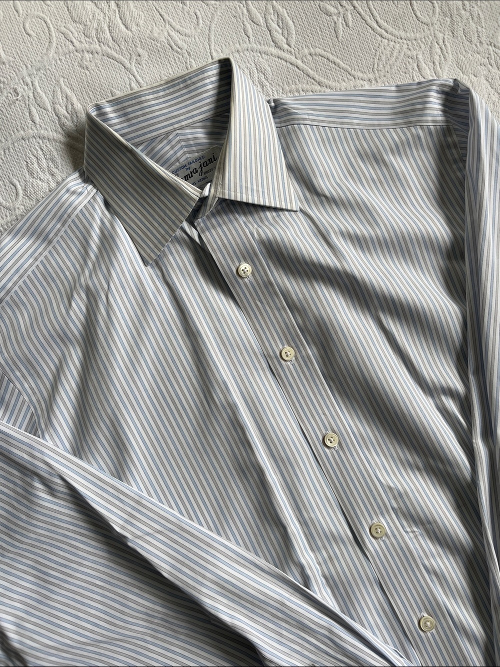 Men's Blue and White and Grey Striped Dress Shirt - Classic Button-Down 15.5x32